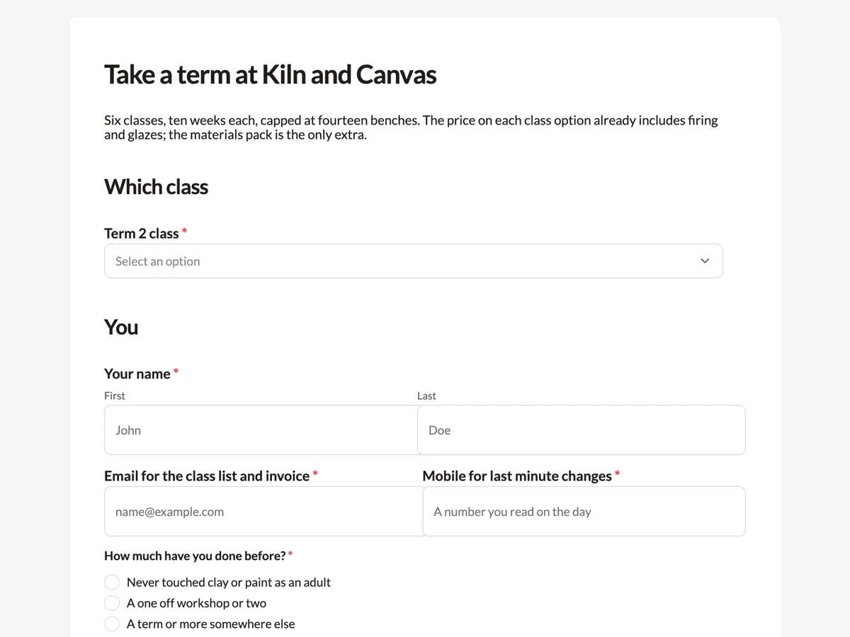 Top of the art class registration form with the materials pack on it example