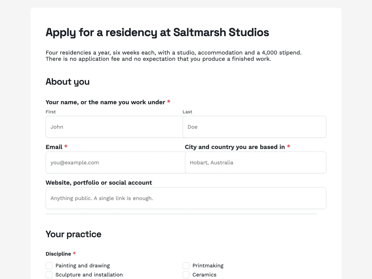 Top of the artist residency application form with a portfolio and work list example