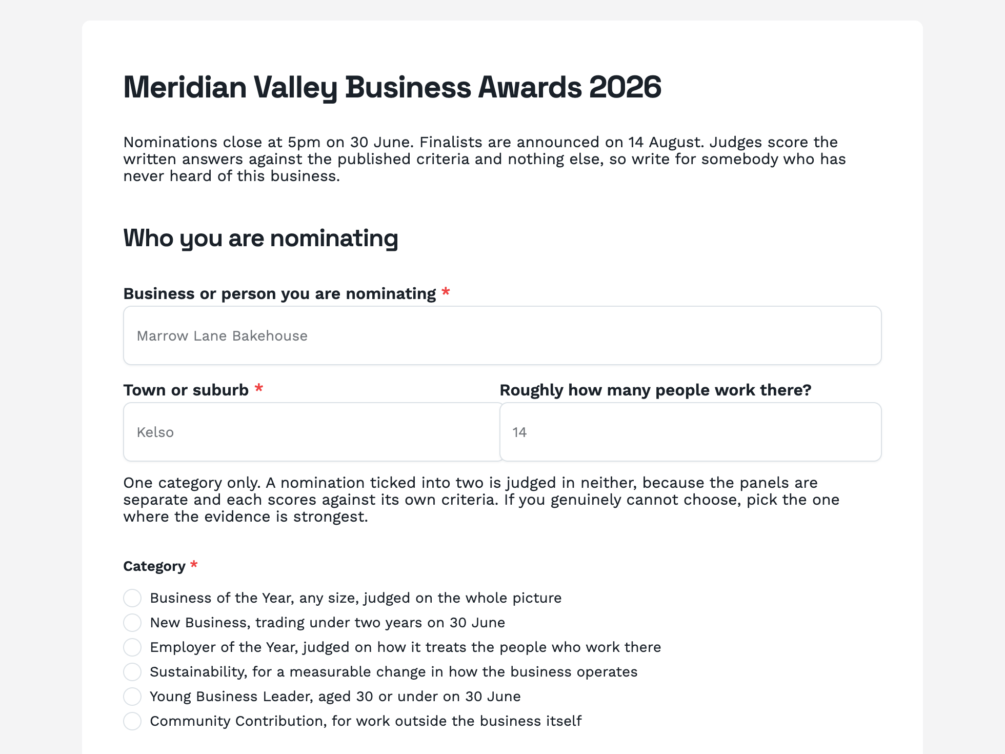 Welcome screen of the award nomination form example