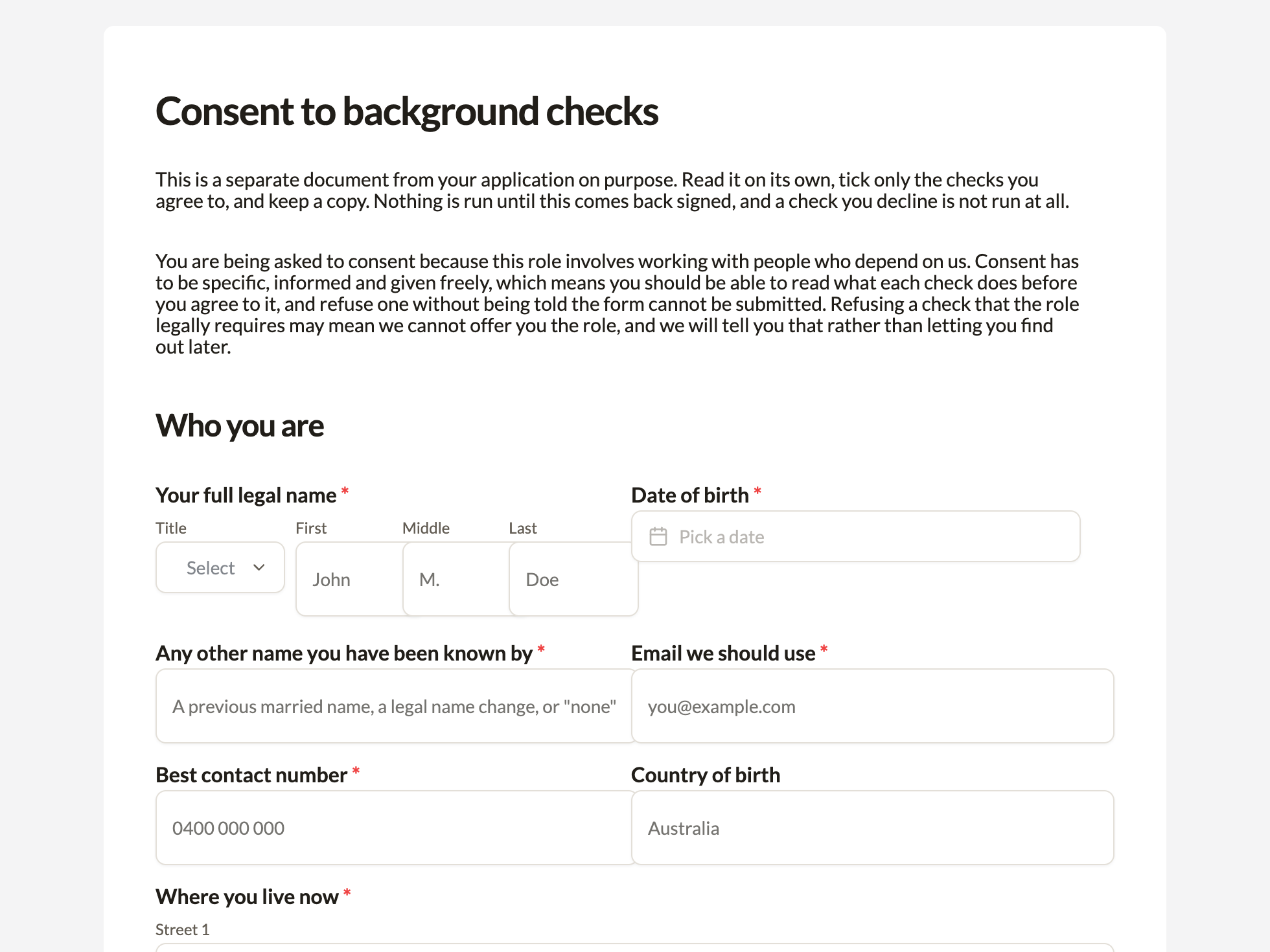 Welcome screen of the background check consent form example