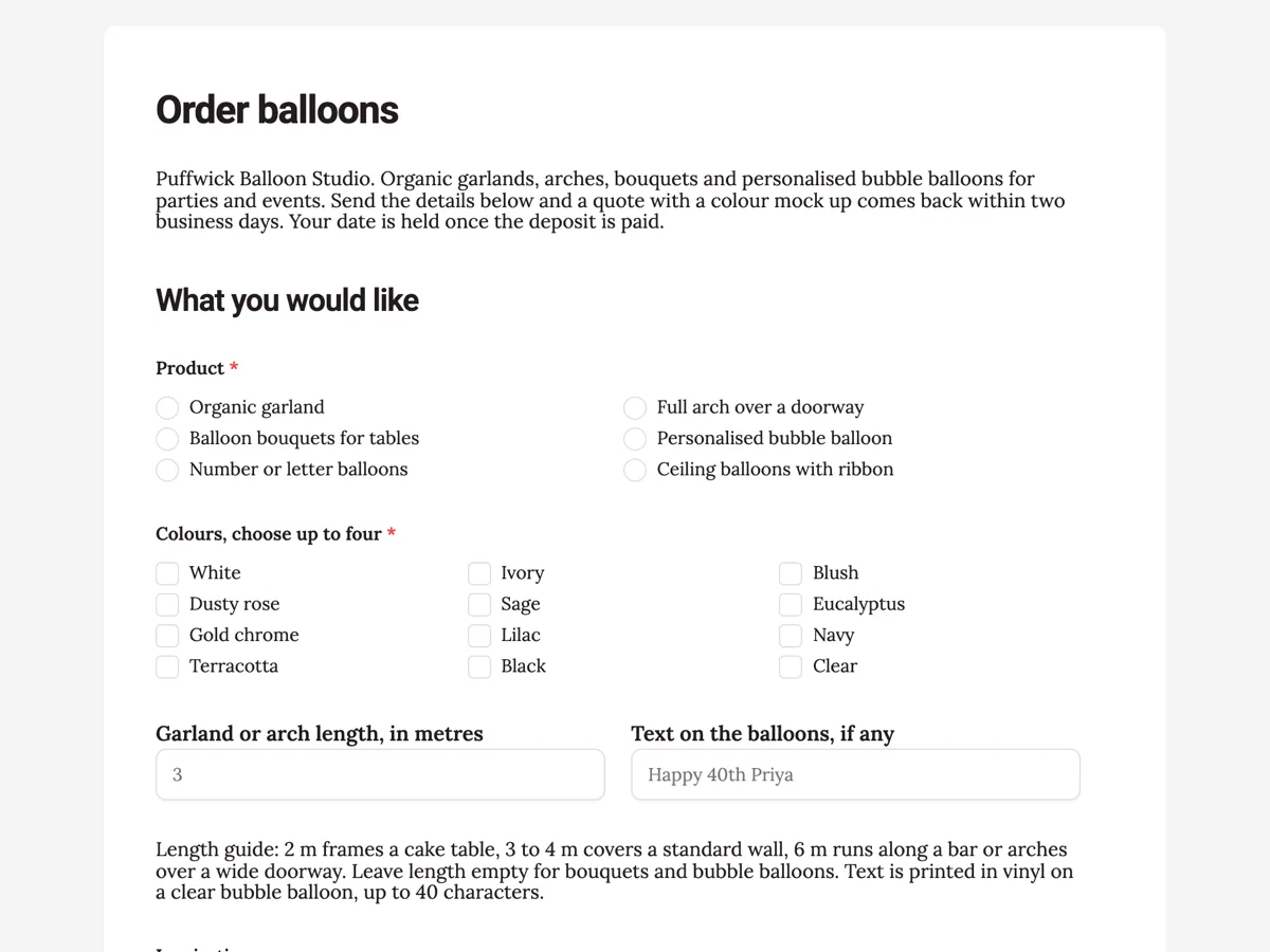 Balloon order form with colours, garland length and setup example