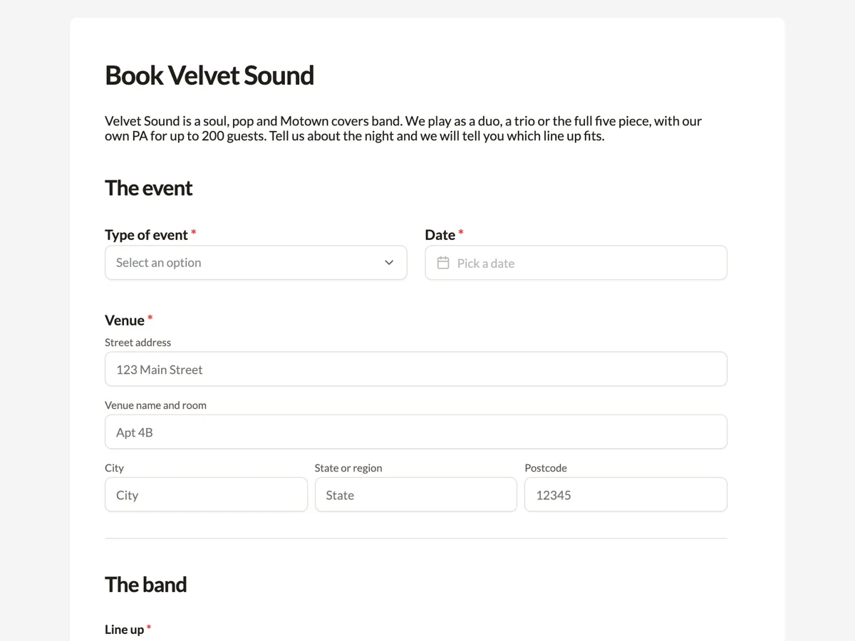 Band booking enquiry form with the line up and the stage example