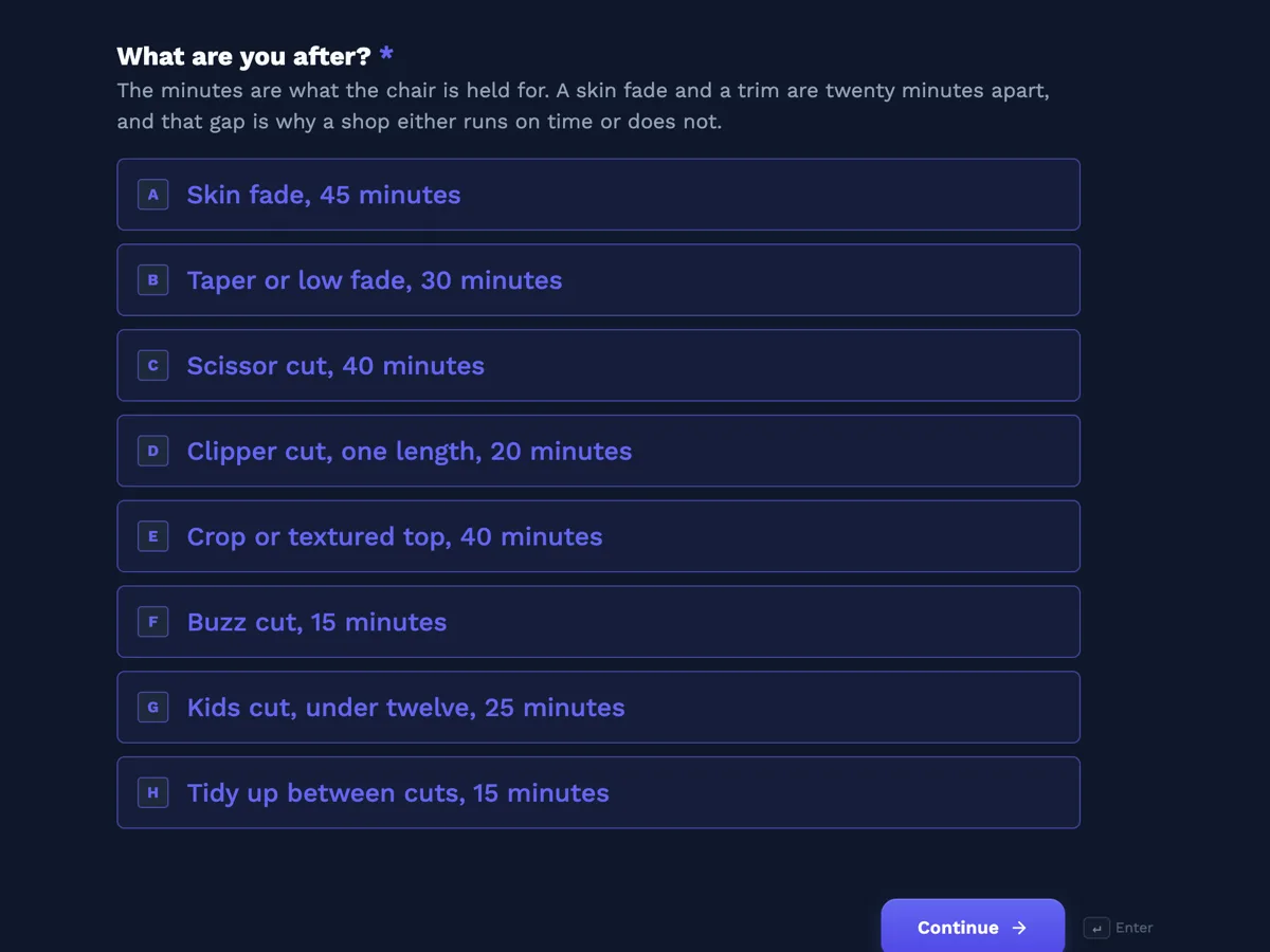 Barber booking form with the cut and the beard timed separately example
