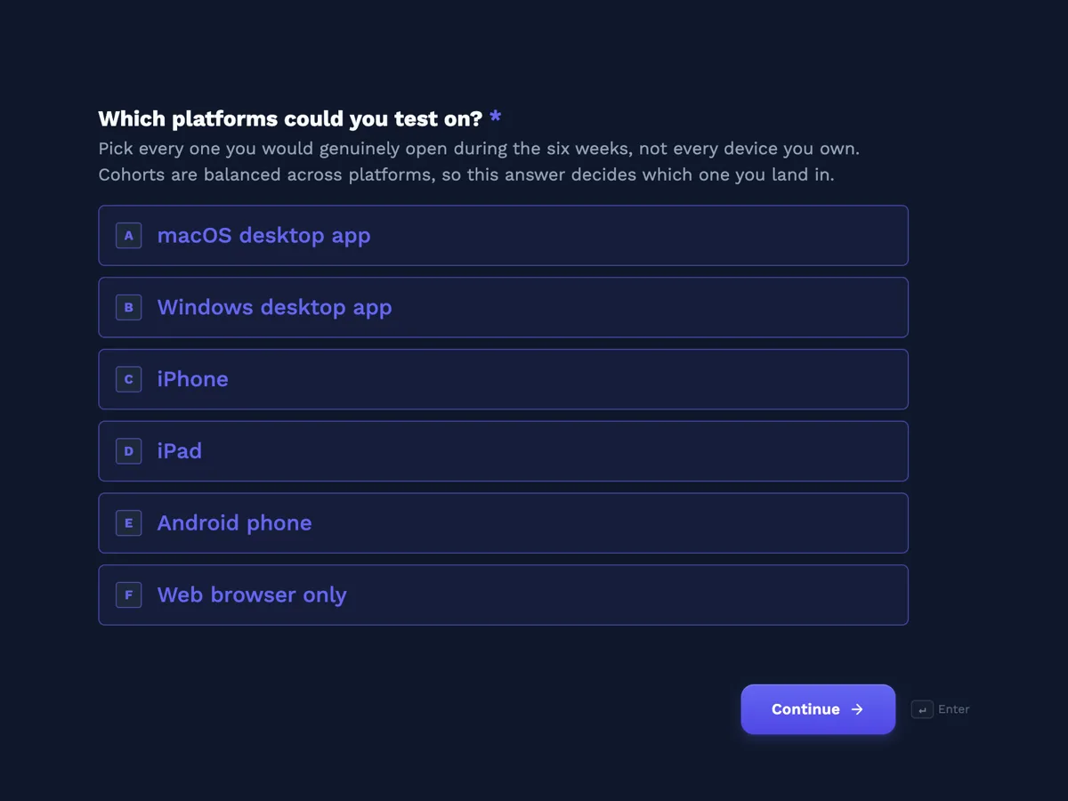 Top of the beta tester application form that sorts testers into the right cohort example