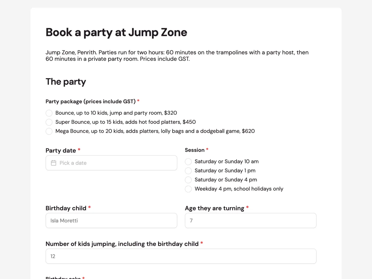 Top of the kids party booking form for a play centre example