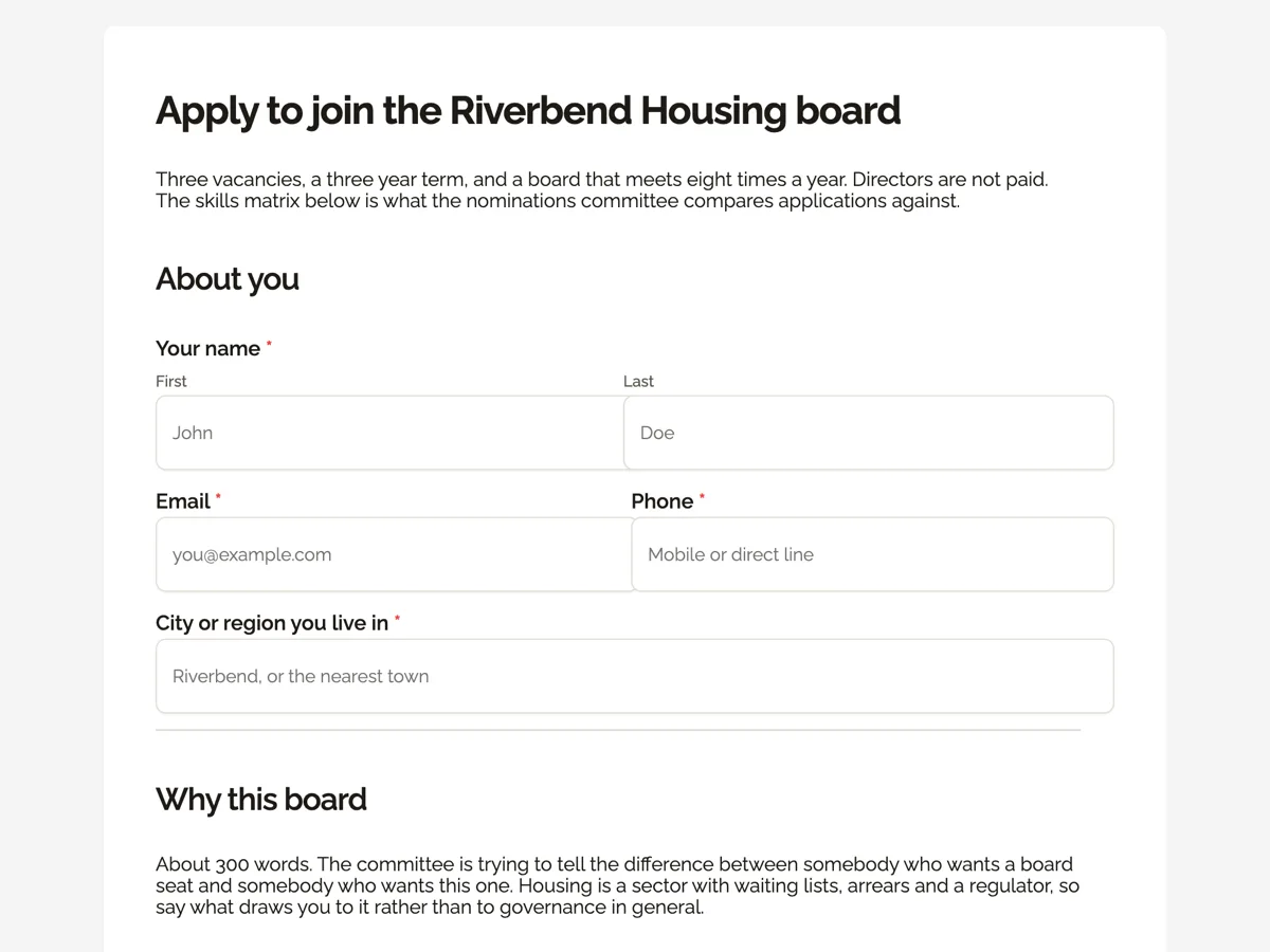 Top of the board member application form with a skills matrix on it example