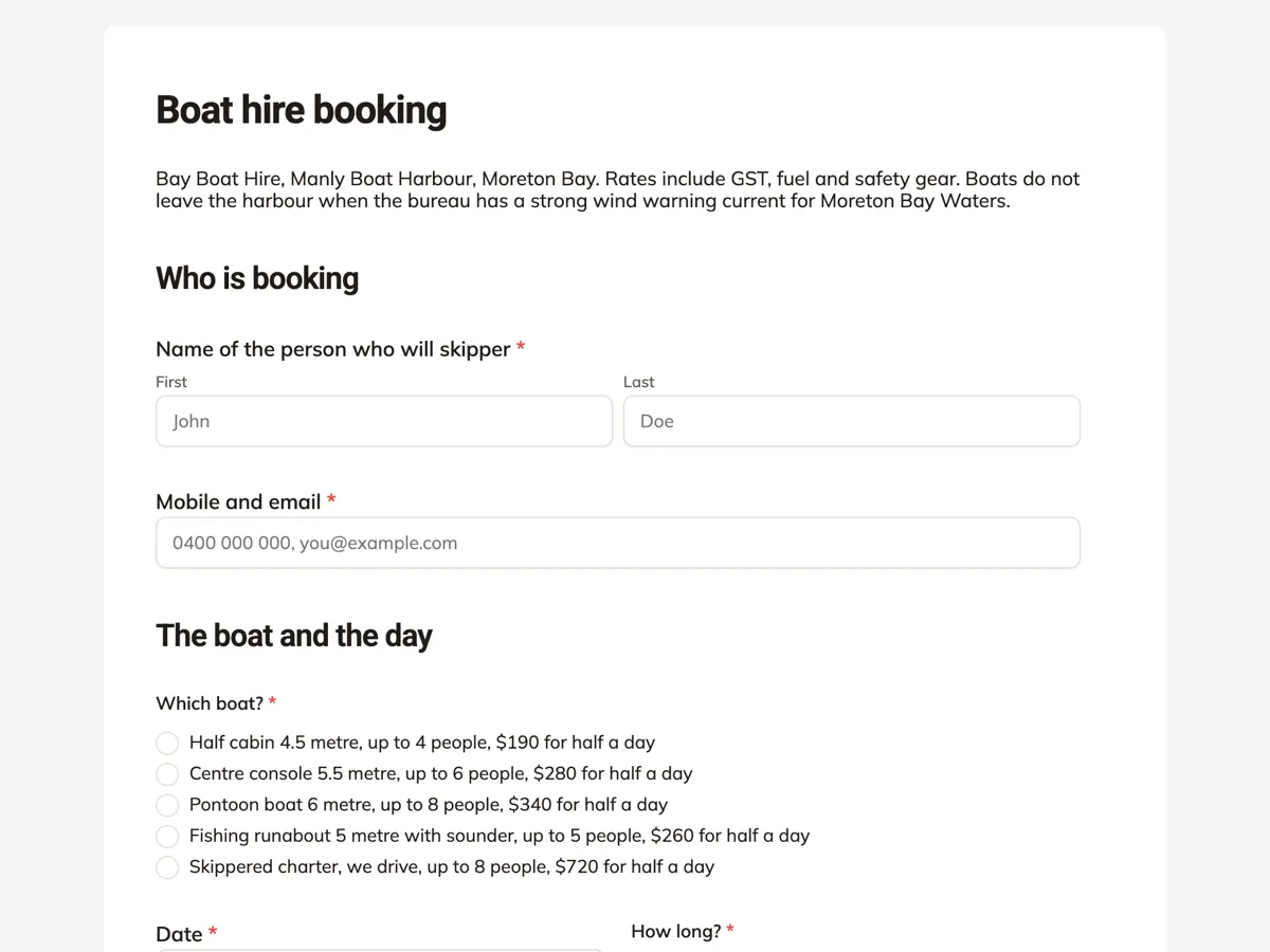 Boat hire booking form with the licence and the weather policy on it example