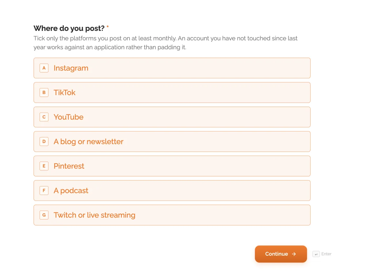 Top of the brand ambassador application form that reads the content before the reach example
