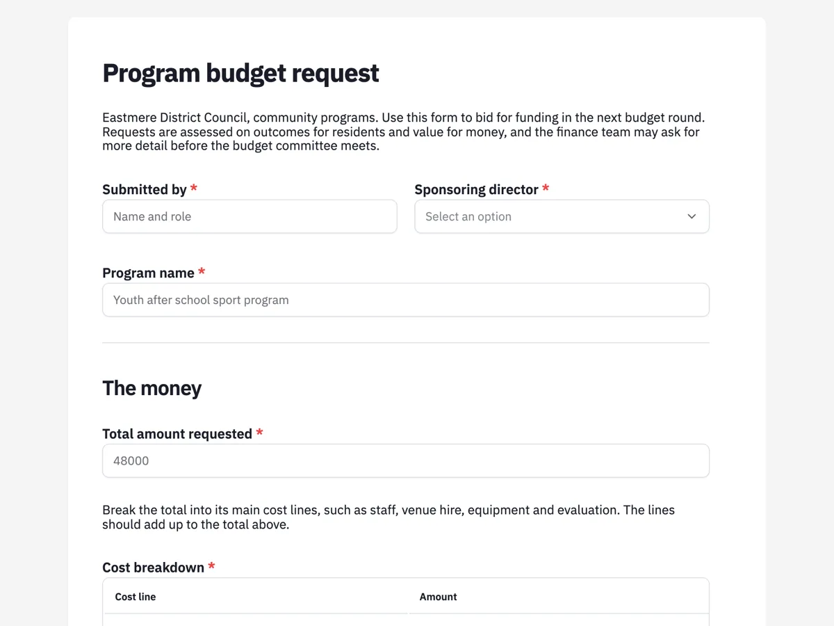 Budget request form with a cost breakdown and outcomes example
