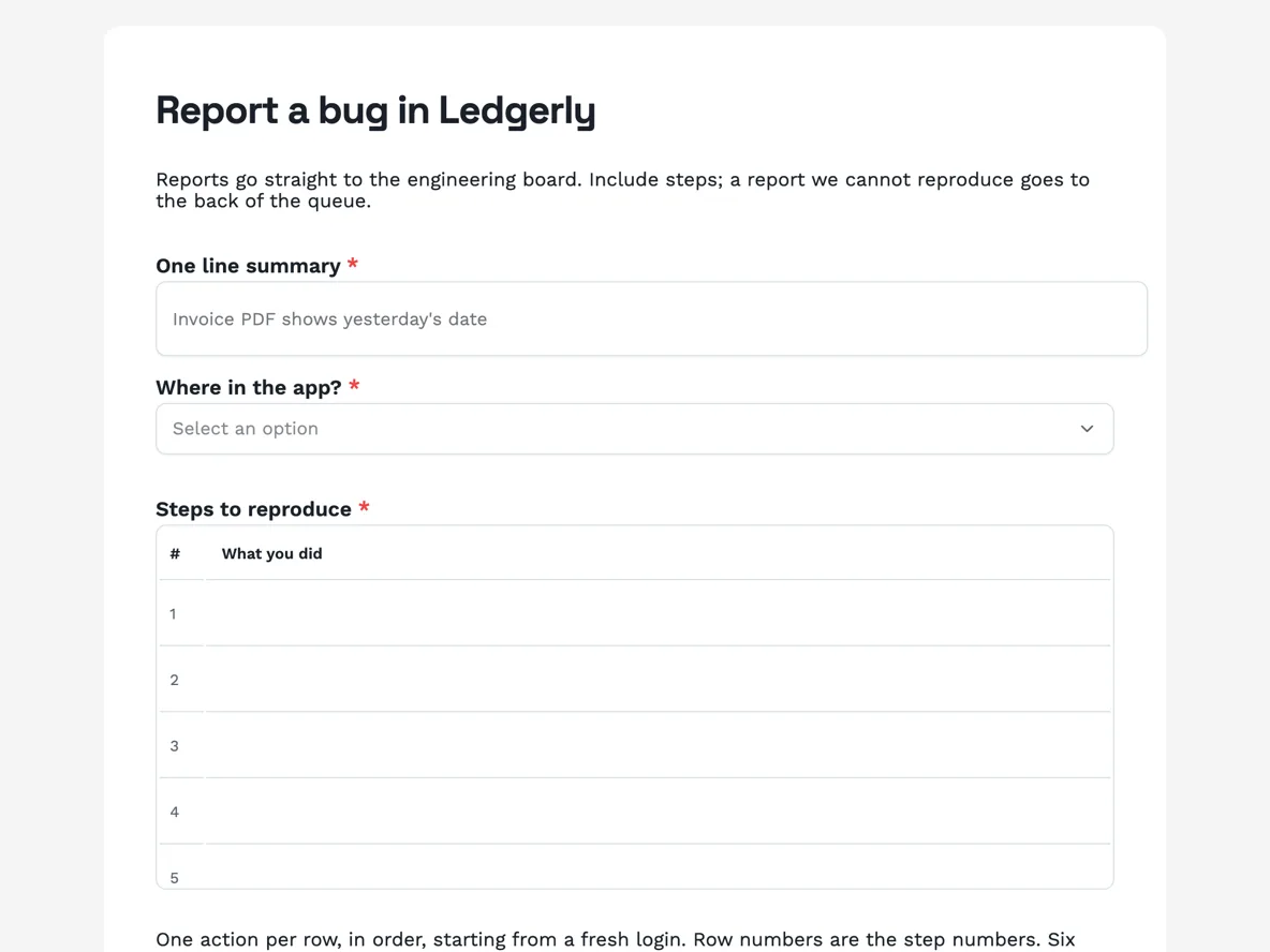 Top of the bug report form that produces reports a developer can reproduce example