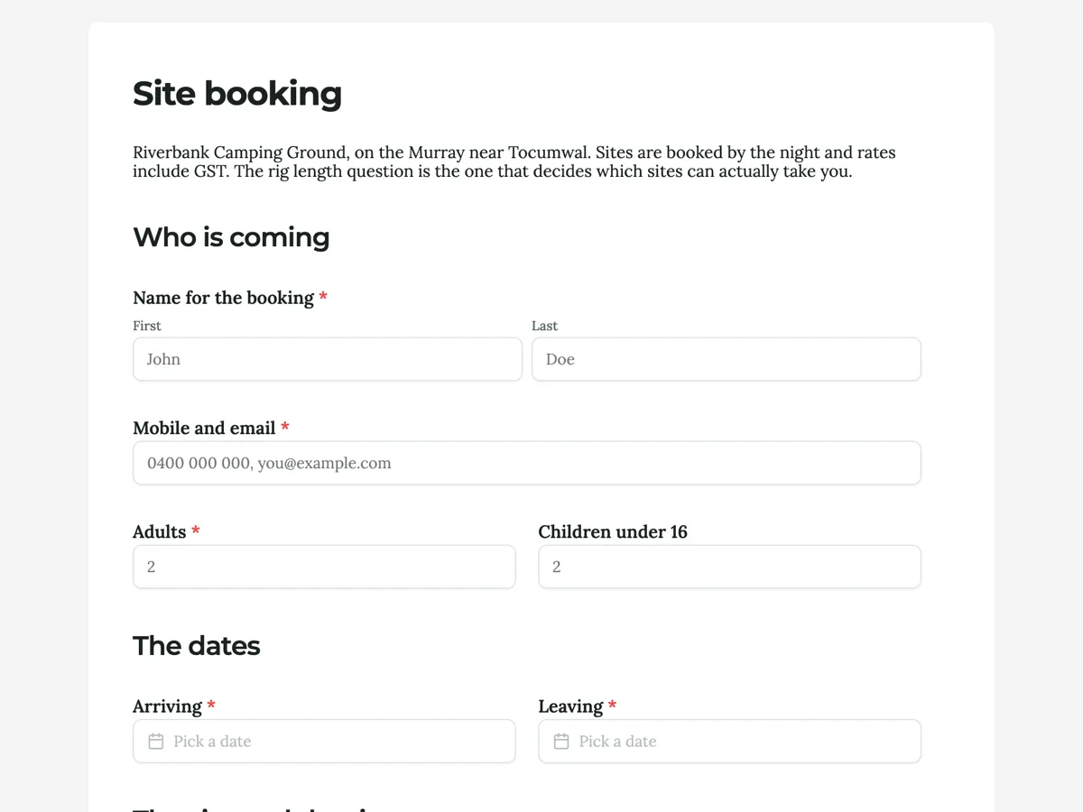 Campsite booking form that asks about the rig before the dates example