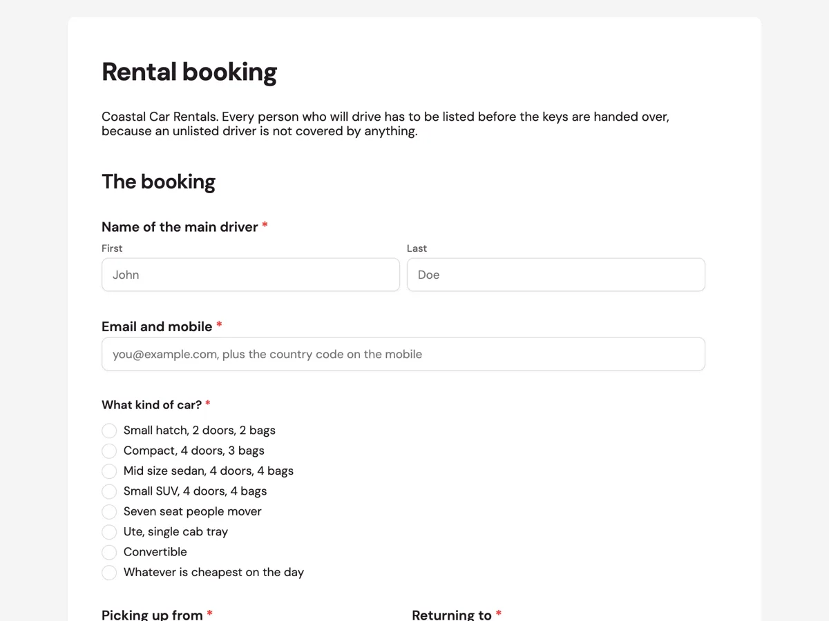Car rental booking form with every driver named example