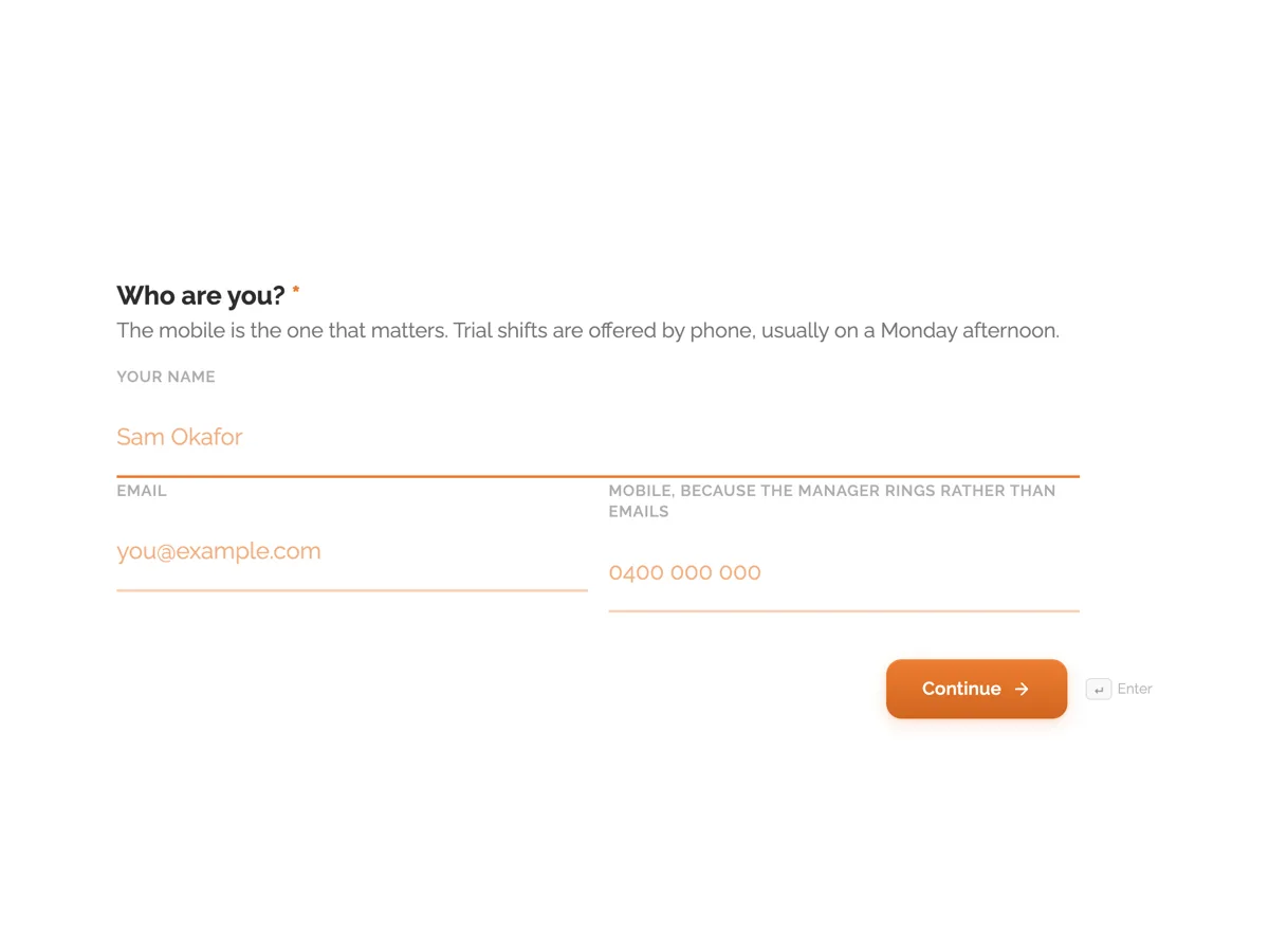 Top of the casual job application form built around an availability grid example