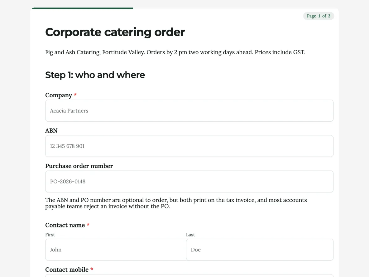 Top of the catering order form with per head packages and dietary counts example