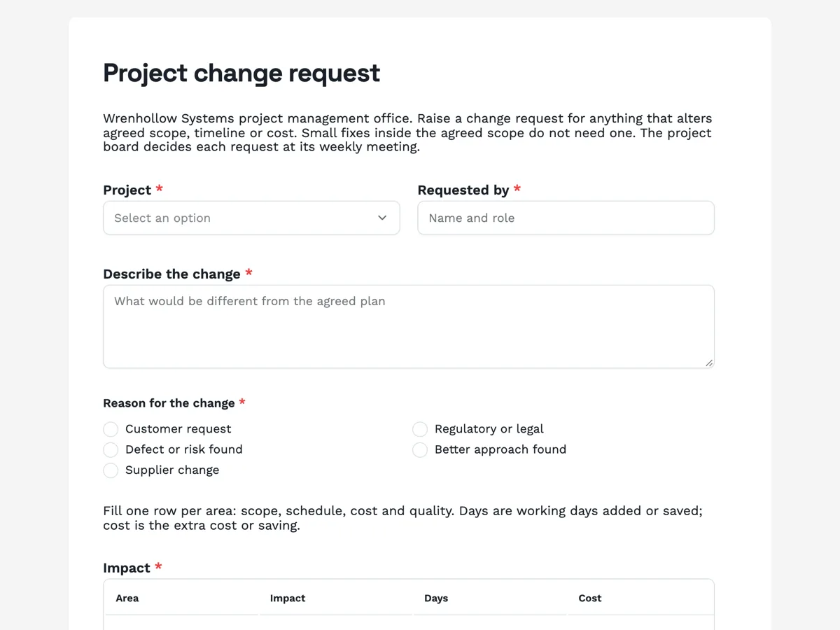 Change request form with an impact table example