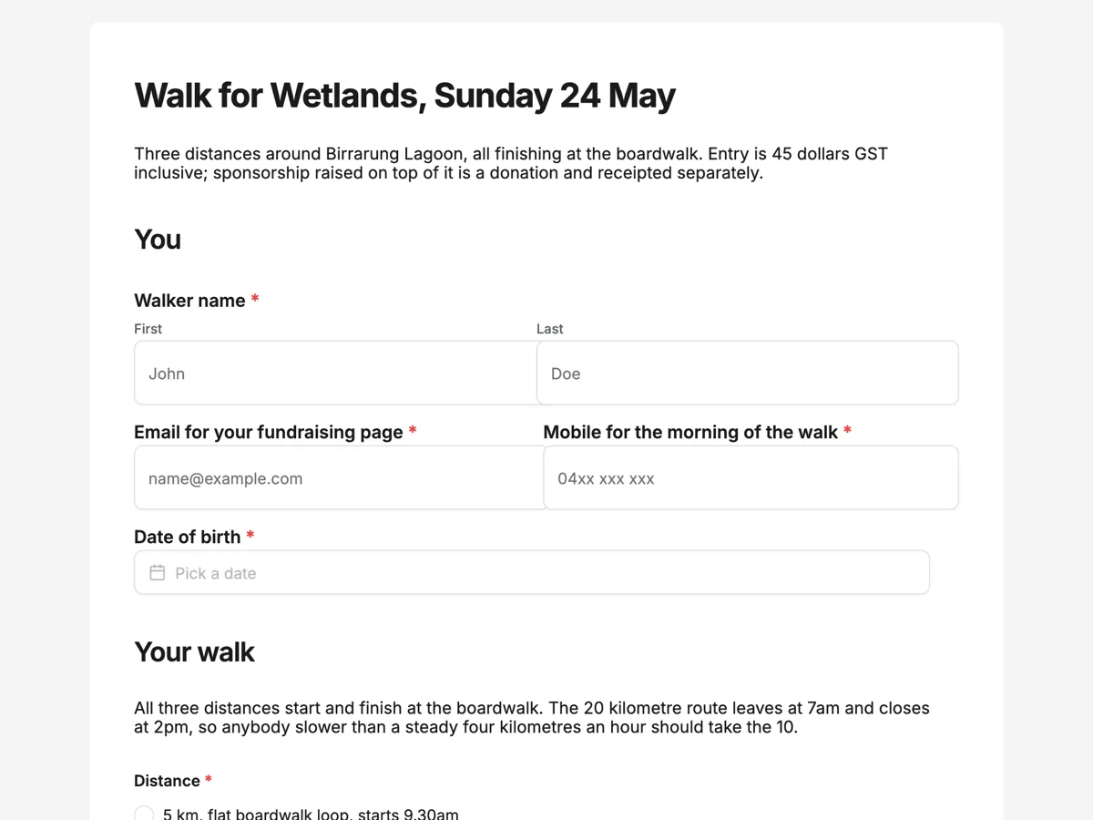 Top of the charity walk registration form with a fundraising target example