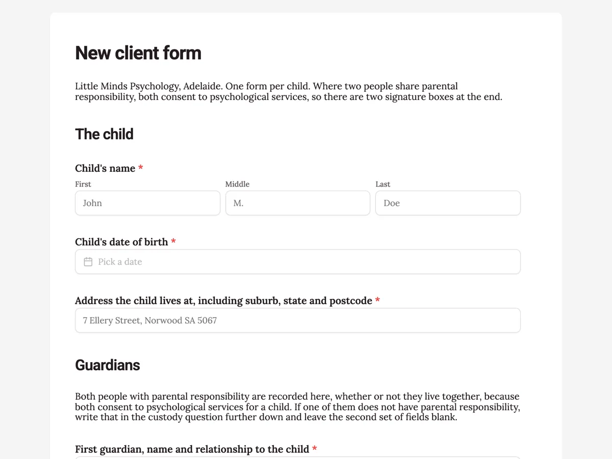 Child psychology intake form with two guardian signatures example