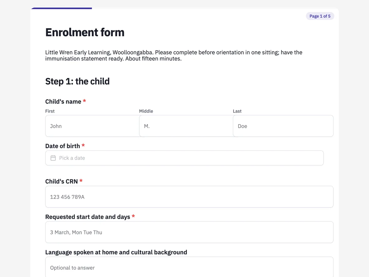 Top of the childcare enrolment form that covers the regulation's list in one sitting example