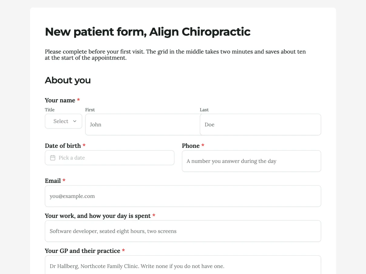Top of the chiropractic intake form with a spine history grid example