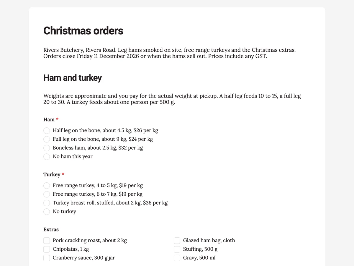 Christmas order form for a butcher's ham and turkey example
