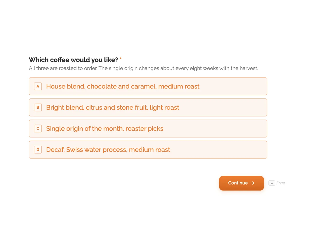 Coffee bean subscription order form with grind and cadence example