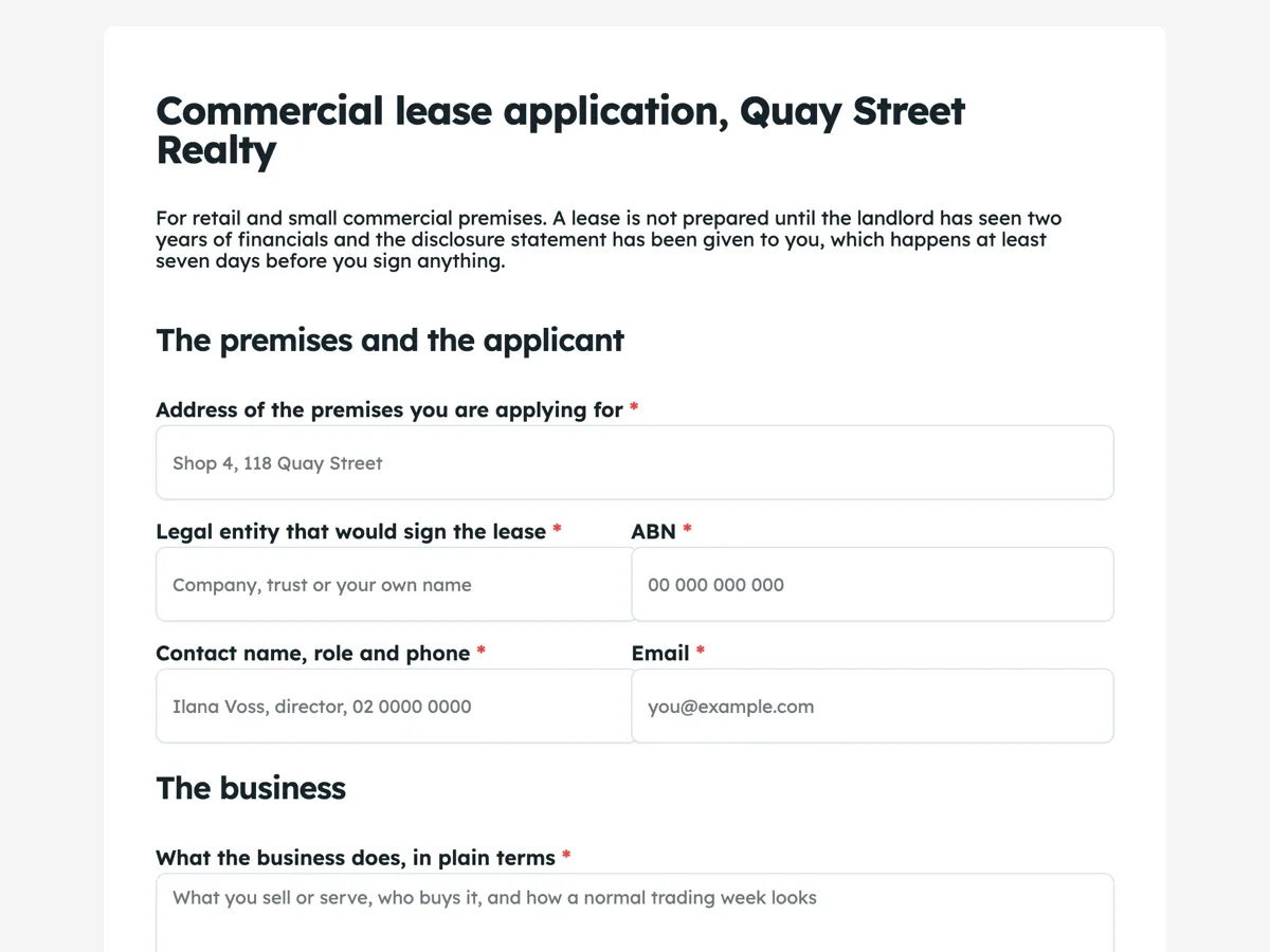 Top of the commercial lease application form for a retail tenancy example