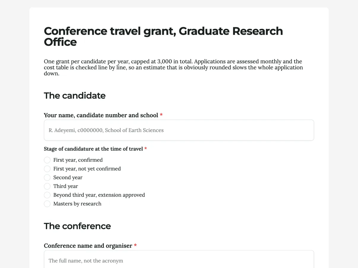 Travel grant application form for a conference, with itemised costs example