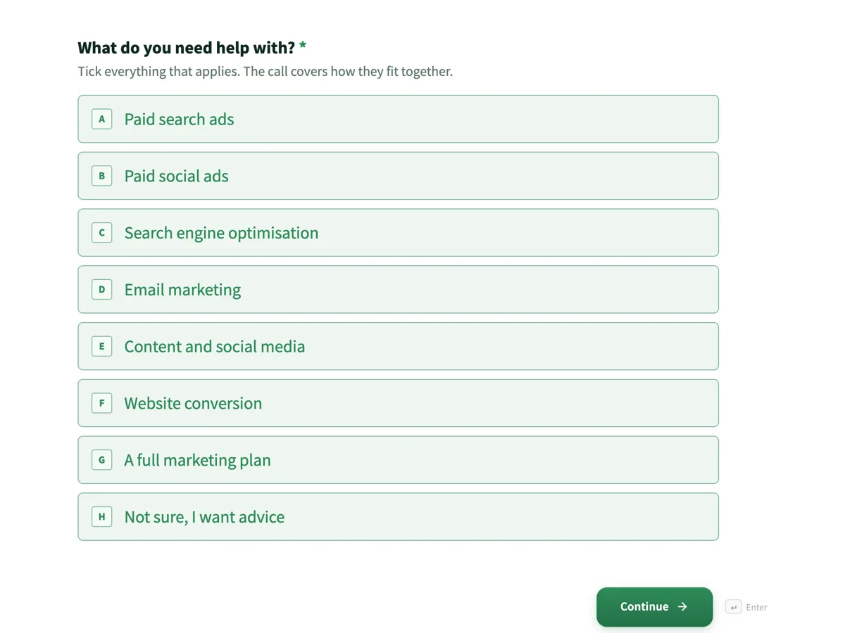 Top of the free consultation booking form that qualifies before the call example