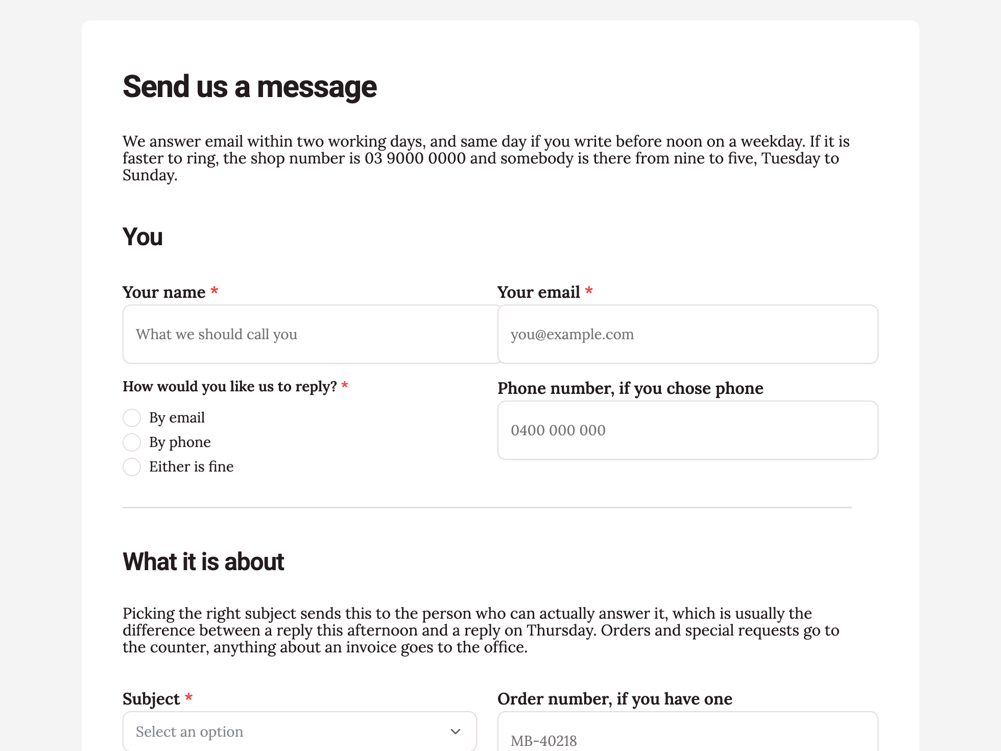 Welcome screen of the contact form template example
