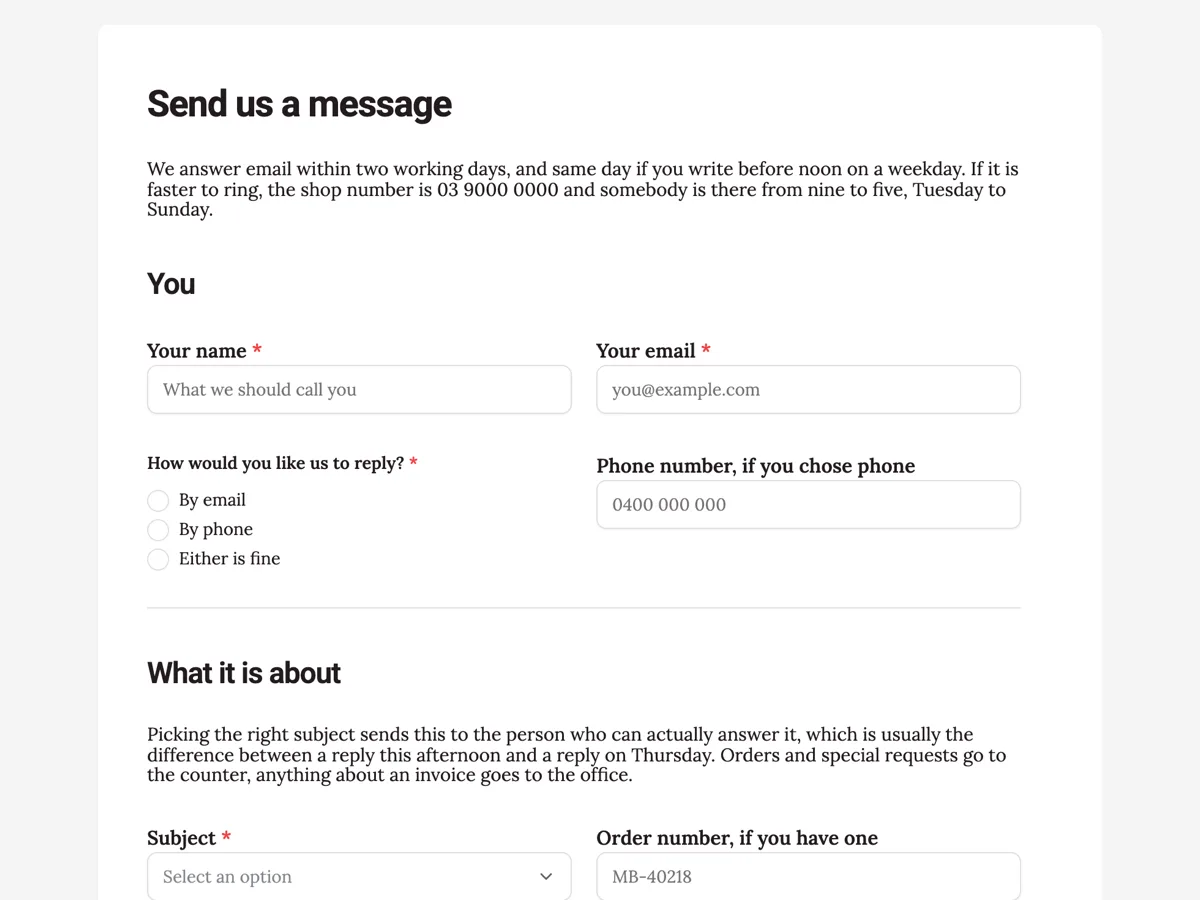 Contact form template example