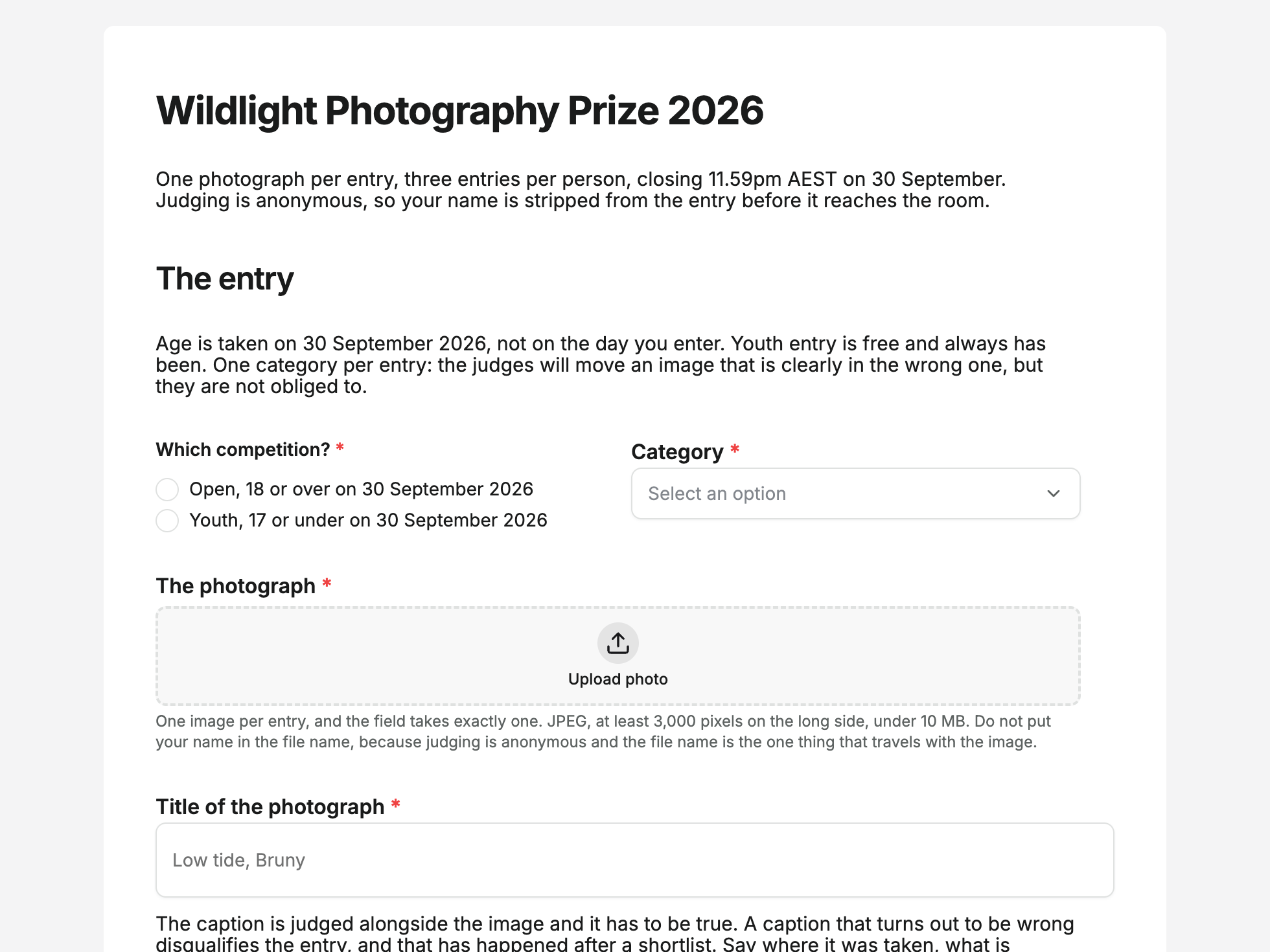 Welcome screen of the competition entry form example