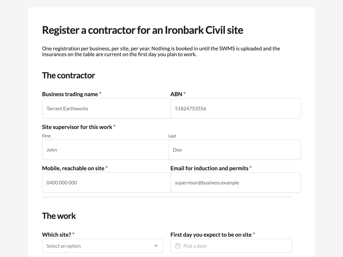 Top of the contractor registration form for site access and whs records example