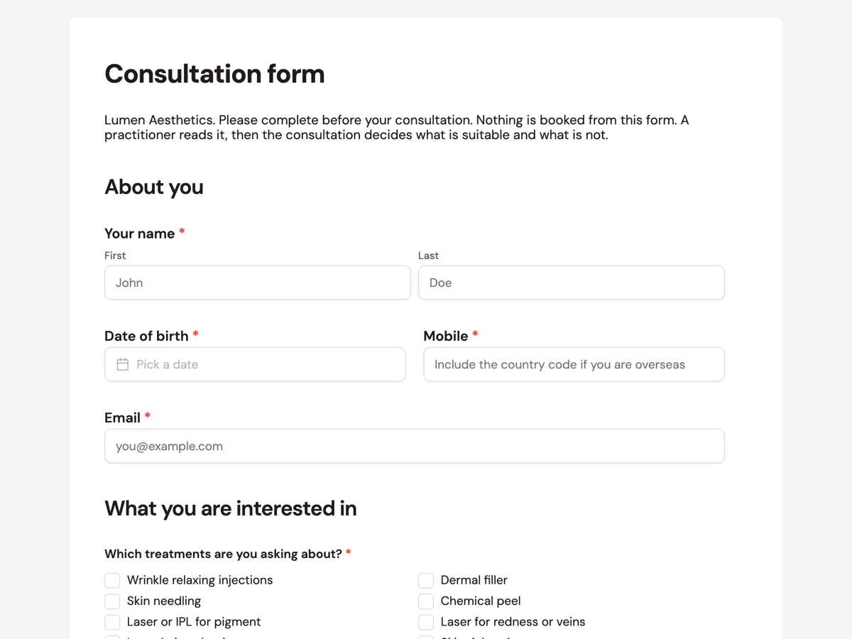 Cosmetic clinic consultation form with a treatment history table example