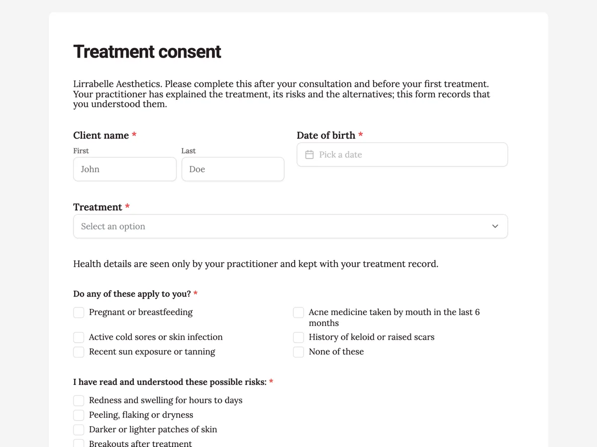 Cosmetic treatment consent form with an eight item risks checklist example