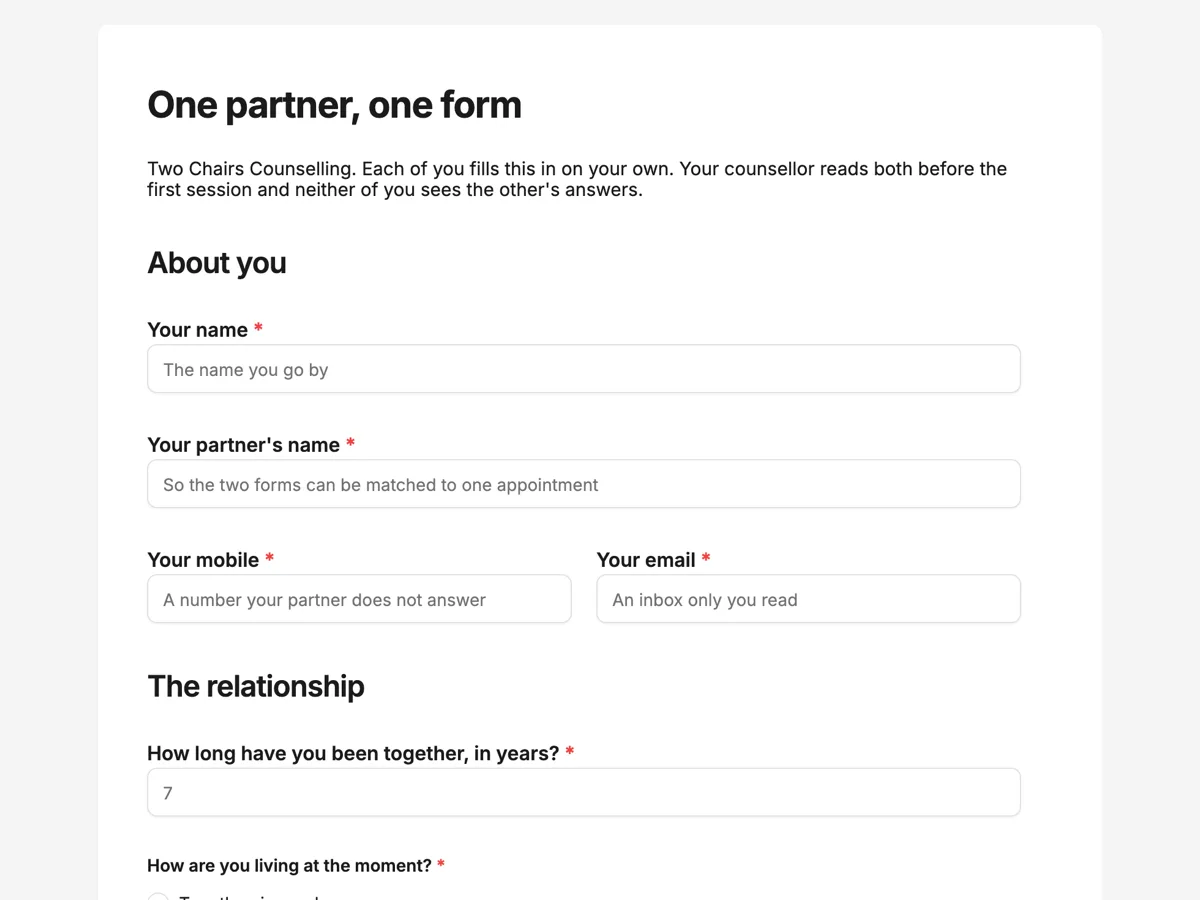 Couples counselling intake form, one form for each partner example