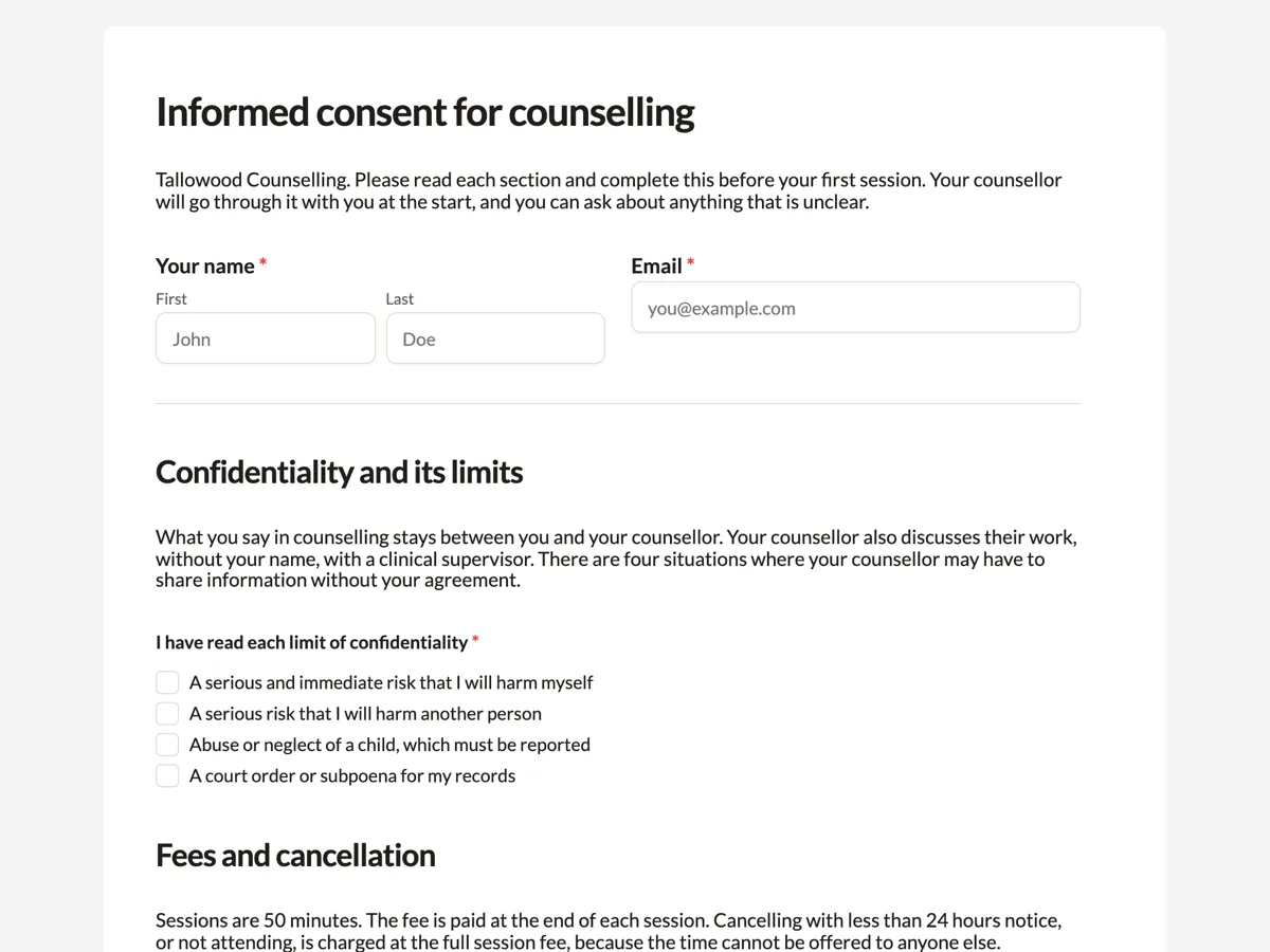Top of the informed consent counselling form, confidentiality first example