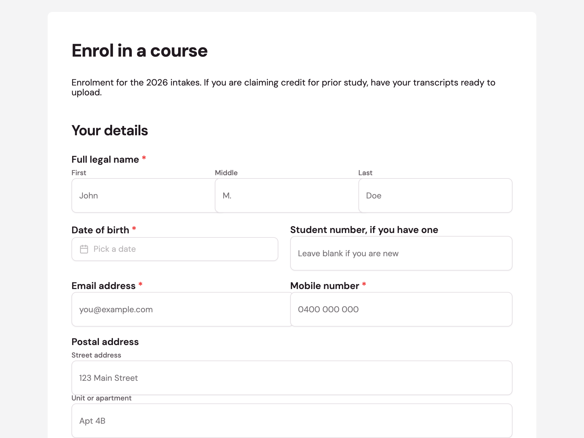 Course enrolment form example