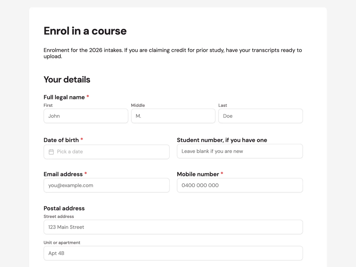 Course enrolment form example