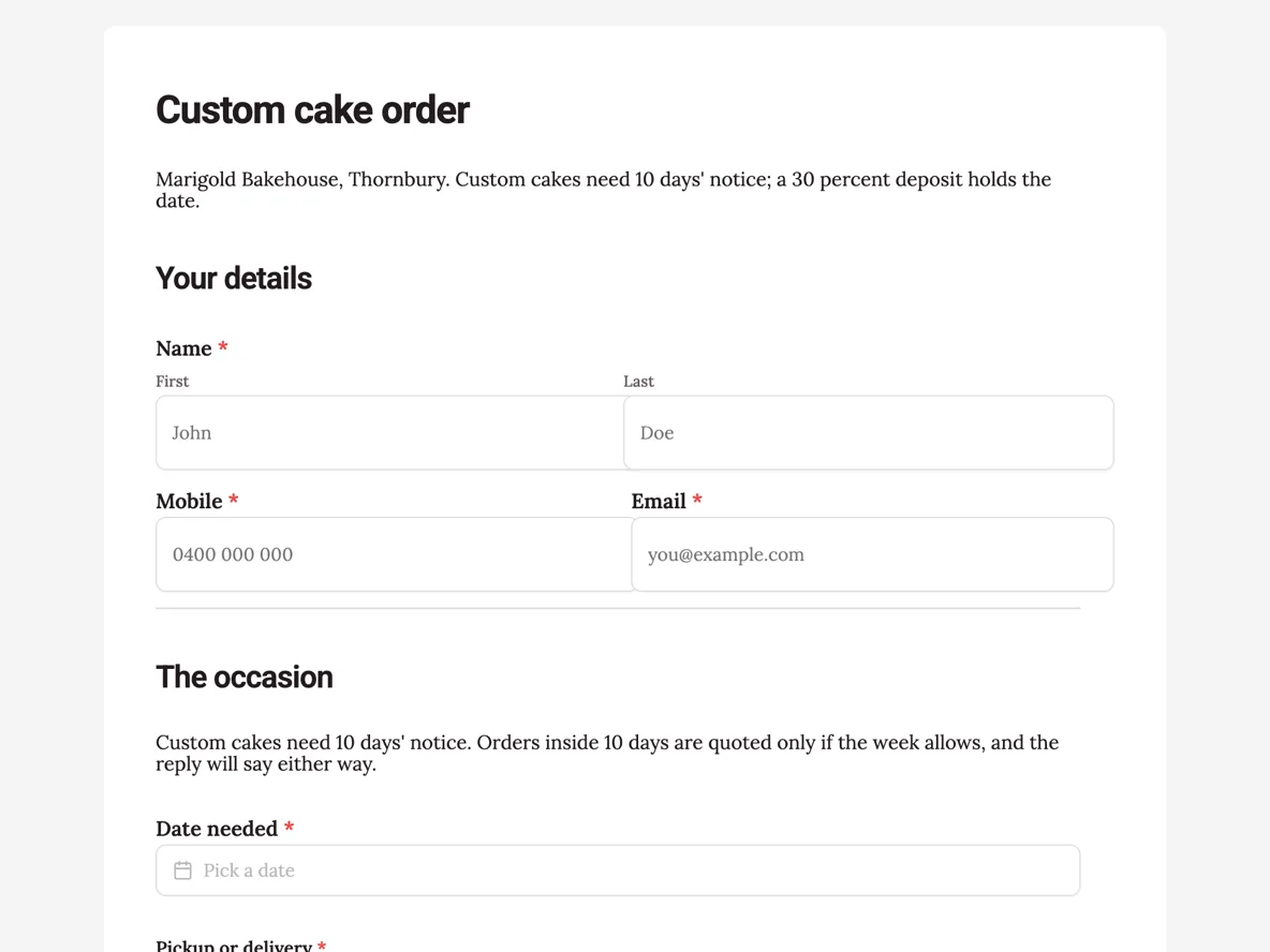 Top of the cake order form with the lead time and deposit rule on it example