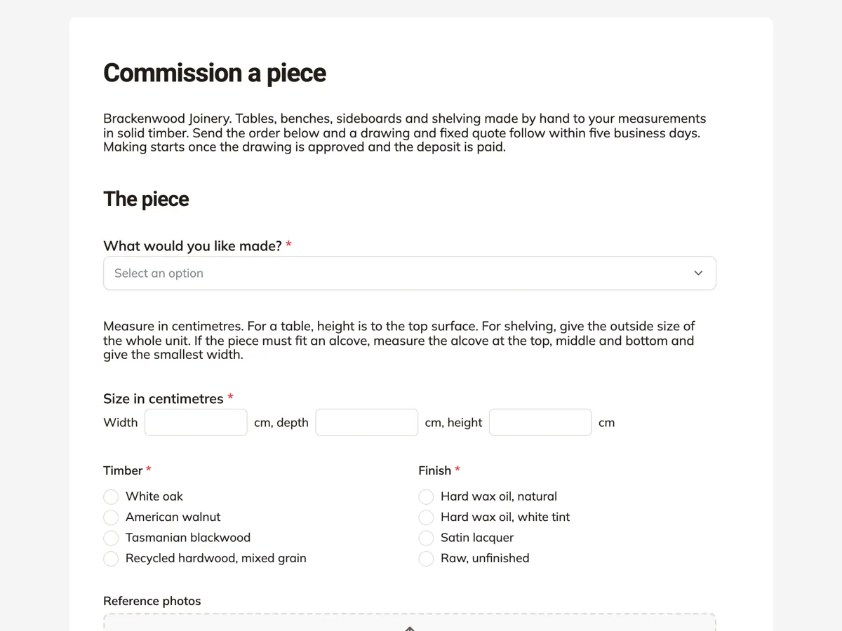 Custom furniture order form with dimensions, timber and finish example