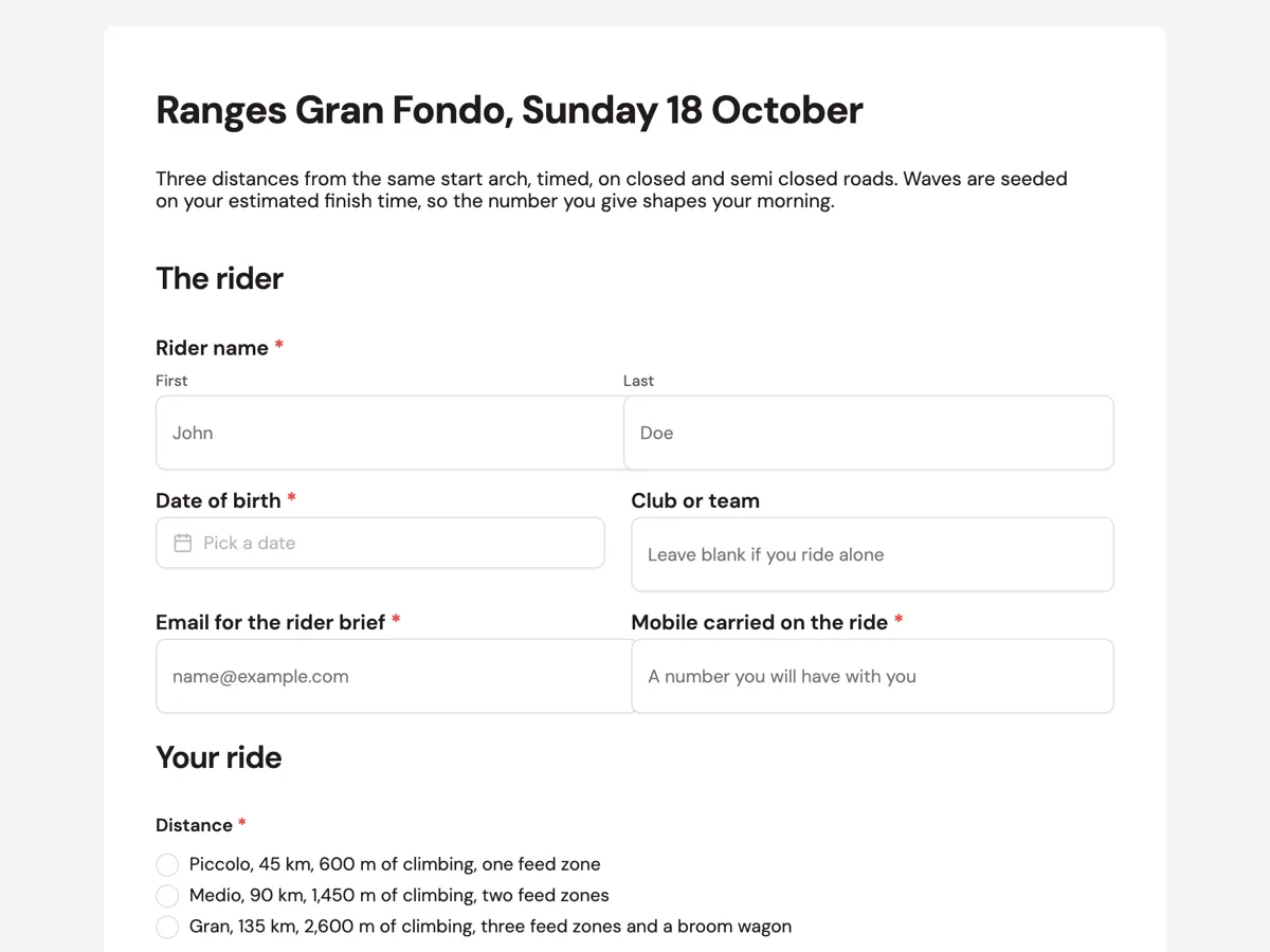 Top of the cycling event registration form that seeds the start waves example