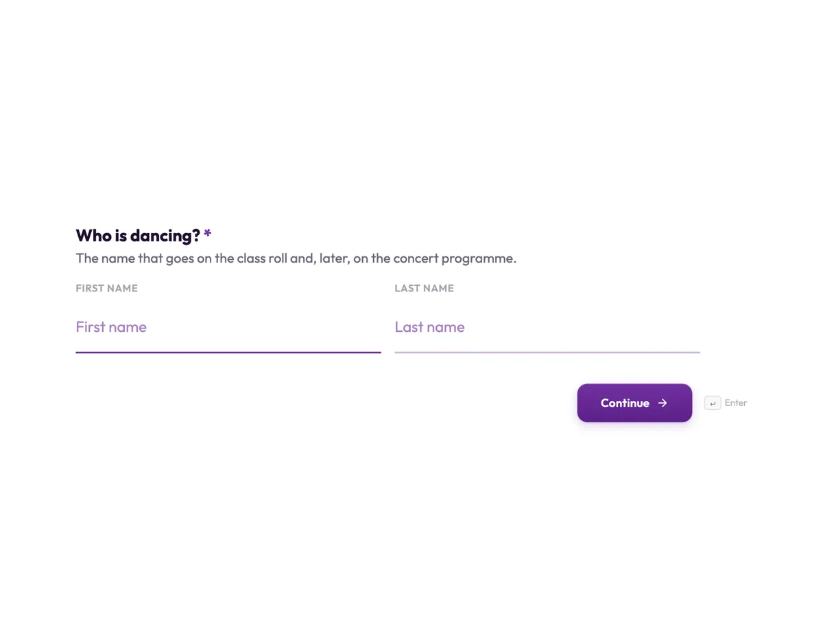 Top of the dance class registration form that places a dancer correctly example