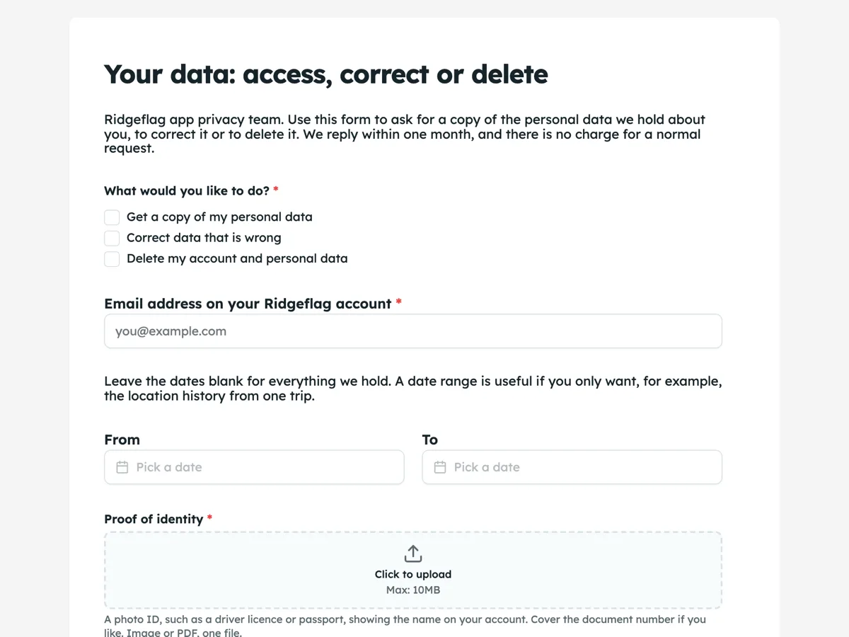Data access request form for an app example