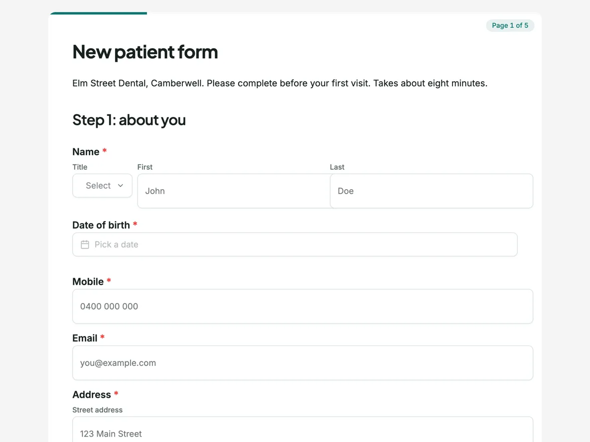 Top of the dental patient intake form the dentist can read before you sit down example