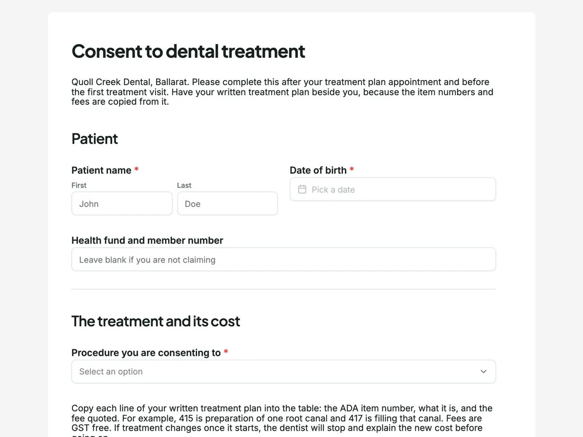 Dental treatment consent form with item numbers and fees example