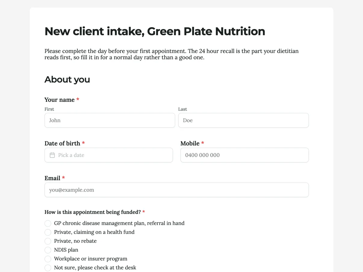 Dietitian intake form built around a 24 hour recall example