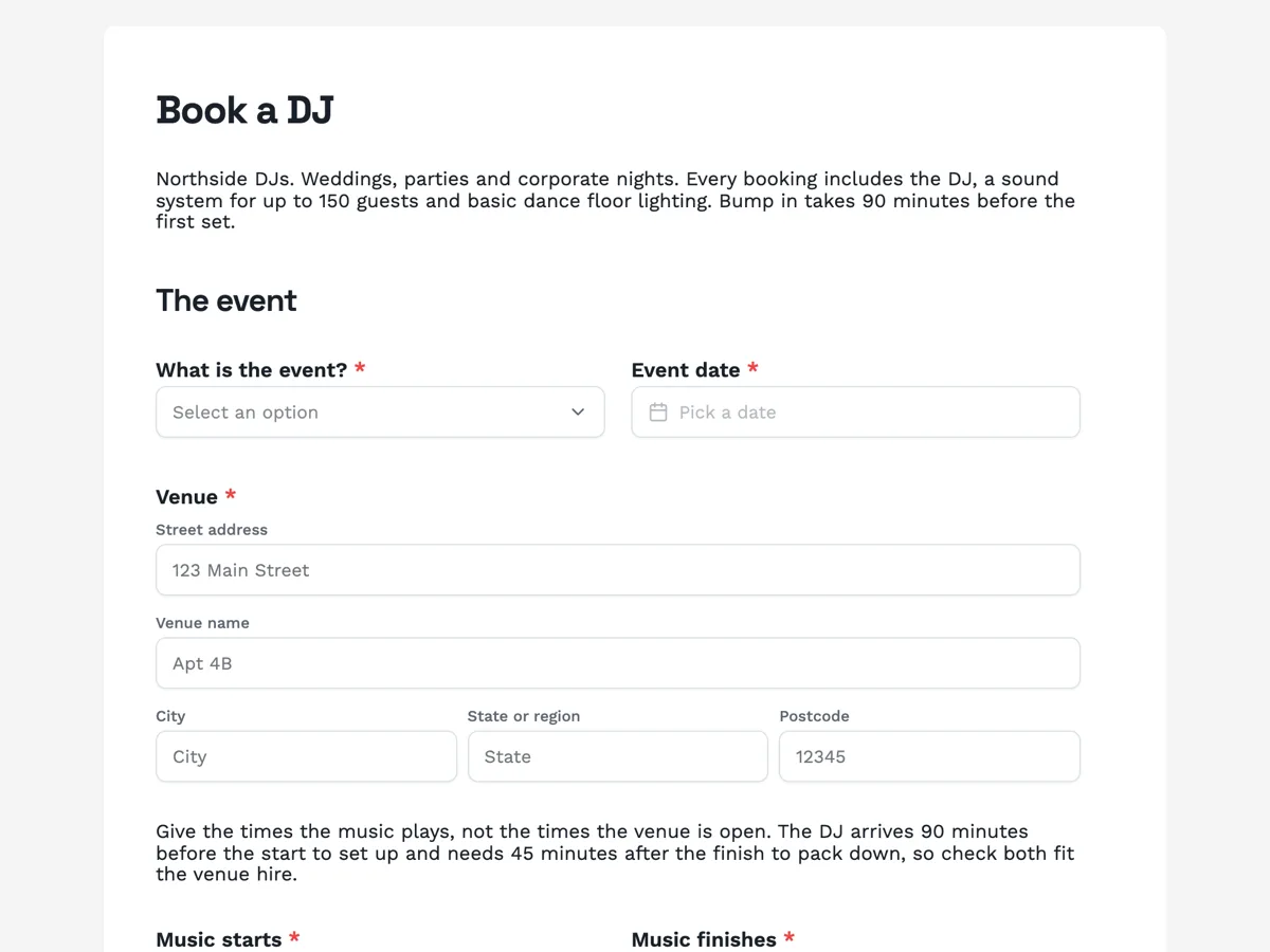 Top of the dj booking form with set times and a must play list example
