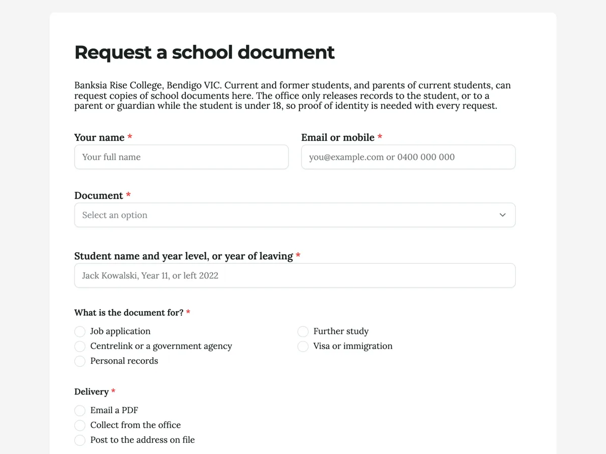 Top of the document request form for a school office example