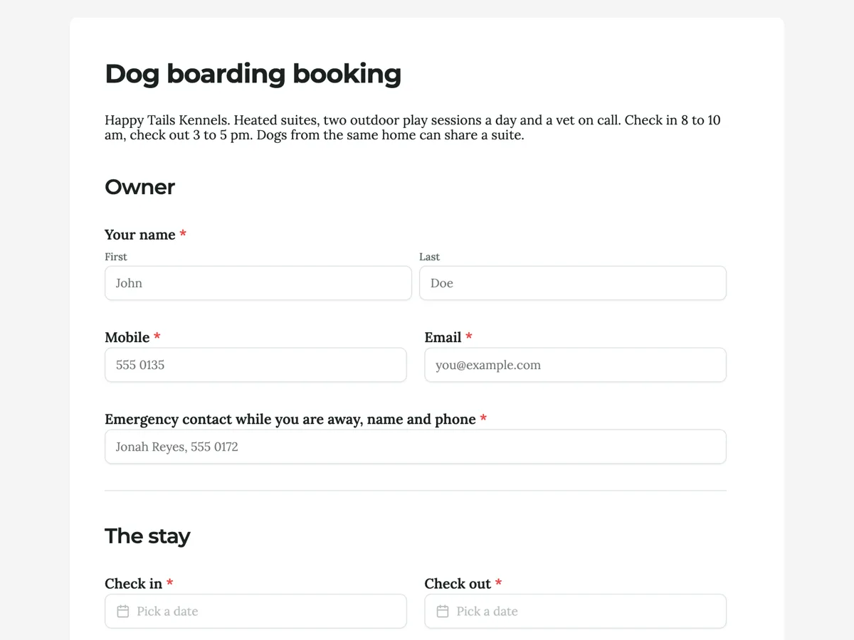 Top of the dog boarding booking form with feeding and medication tables example