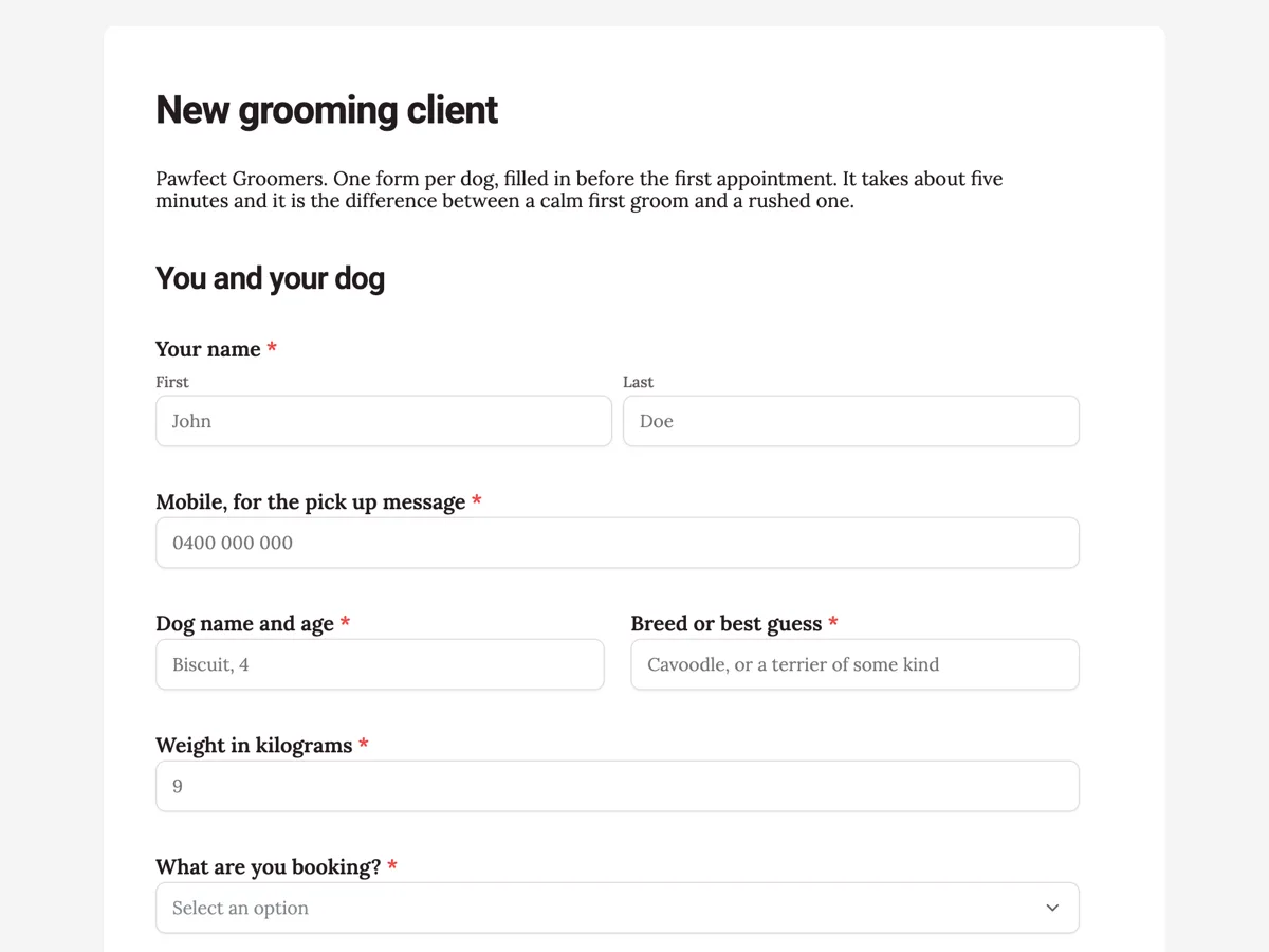 Top of the dog grooming intake form with the matting consent already signed example